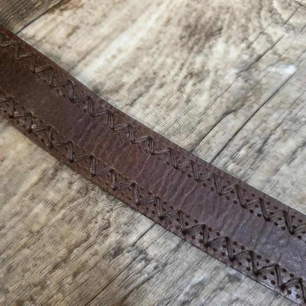 Vintage Brown Leather Zig Zag Stitched Belt Boho Western Distressed